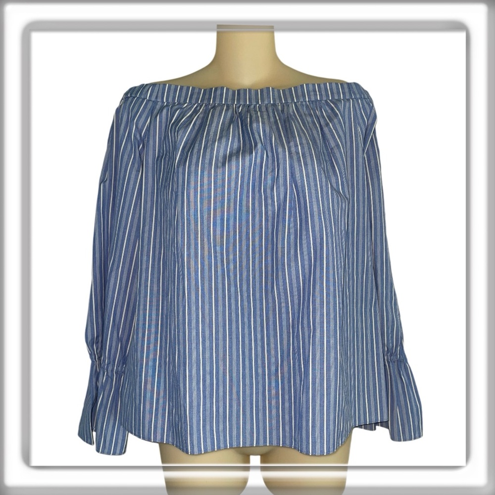 Alice & Trixie Off Shoulder Long Sleeve Top Blouse Blue White Stripe Size Small